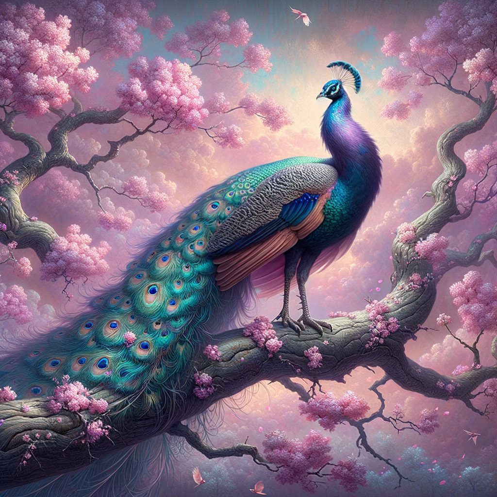 Peacock on Branch Amid Cherry Blossoms and Pastel Sky