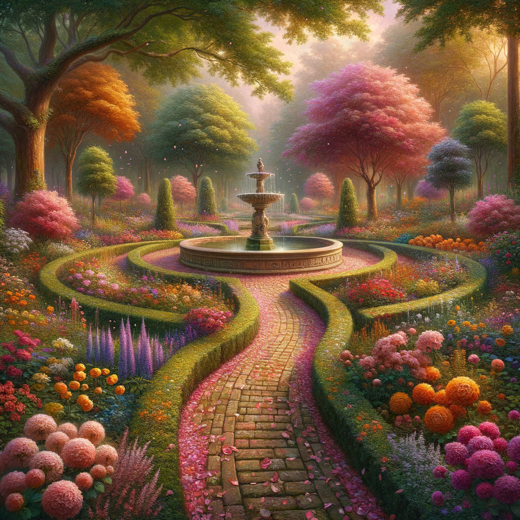 Tranquil Garden Scene with Vibrant Flowers and Fountain