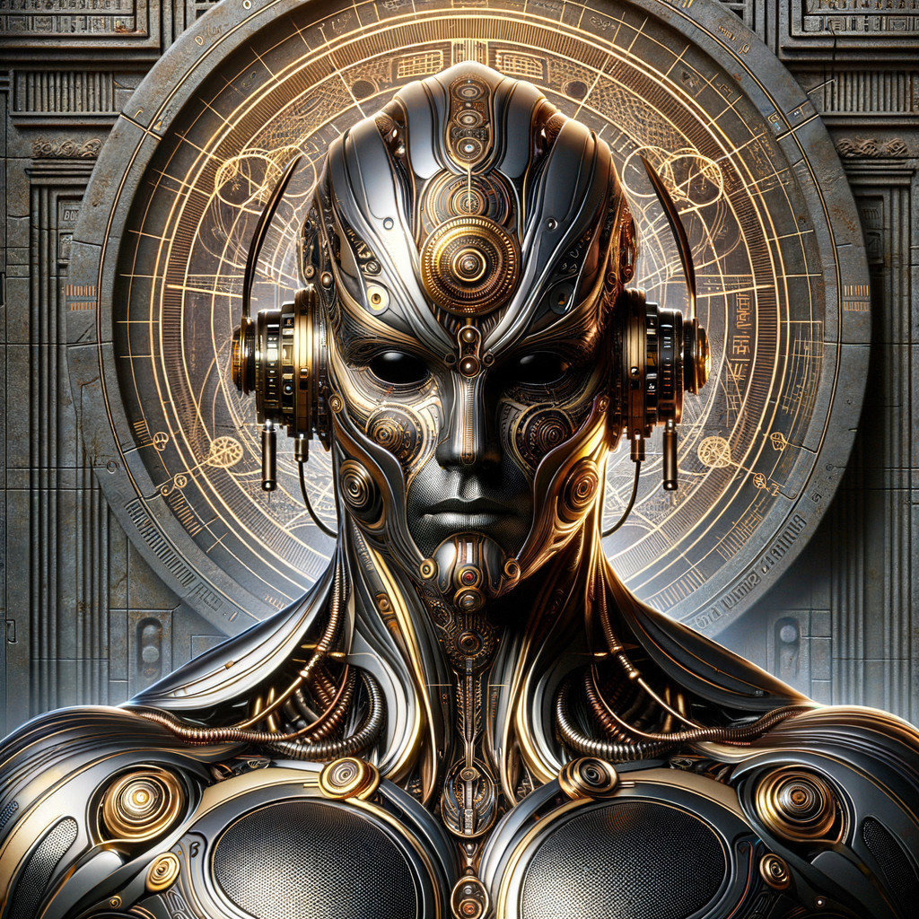 Futuristic humanoid robot with intricate gear backdrop
