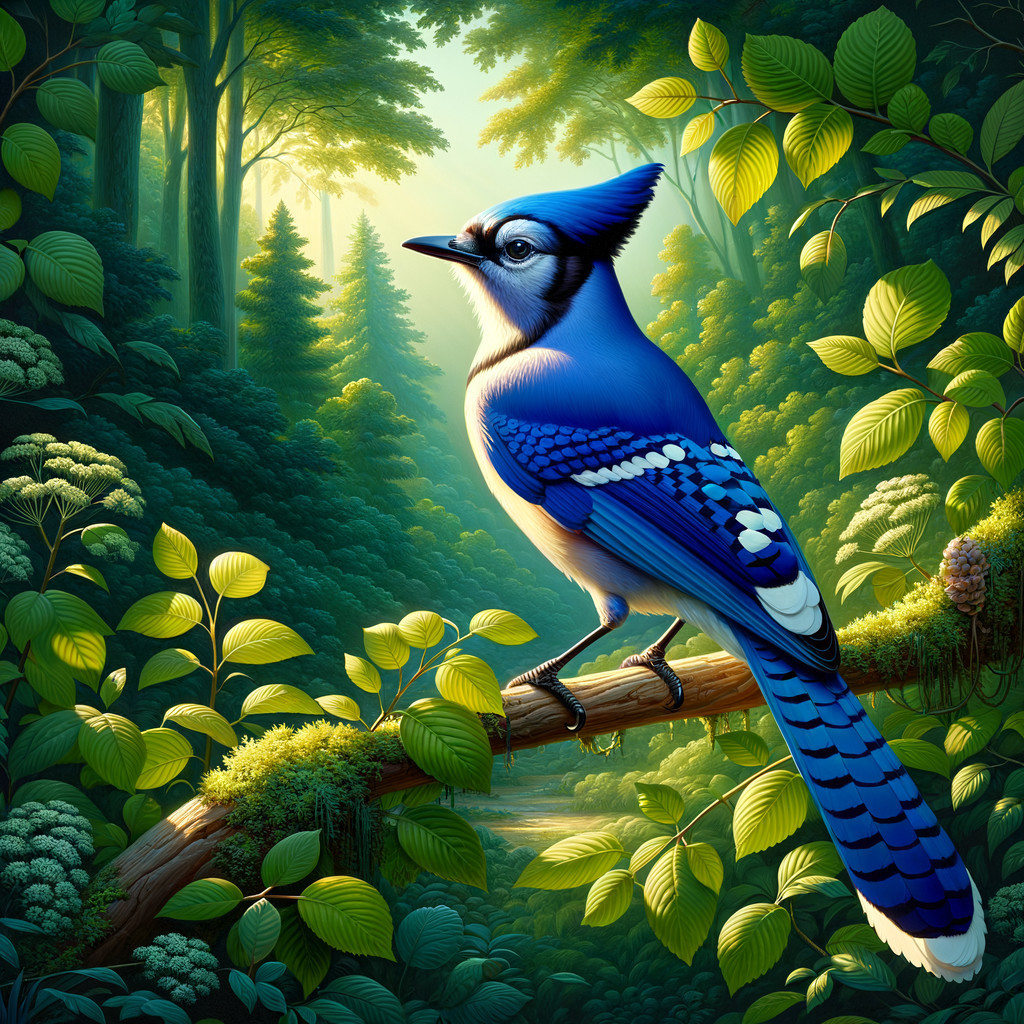 Vibrant Blue Jay on Branch Amidst Green Foliage