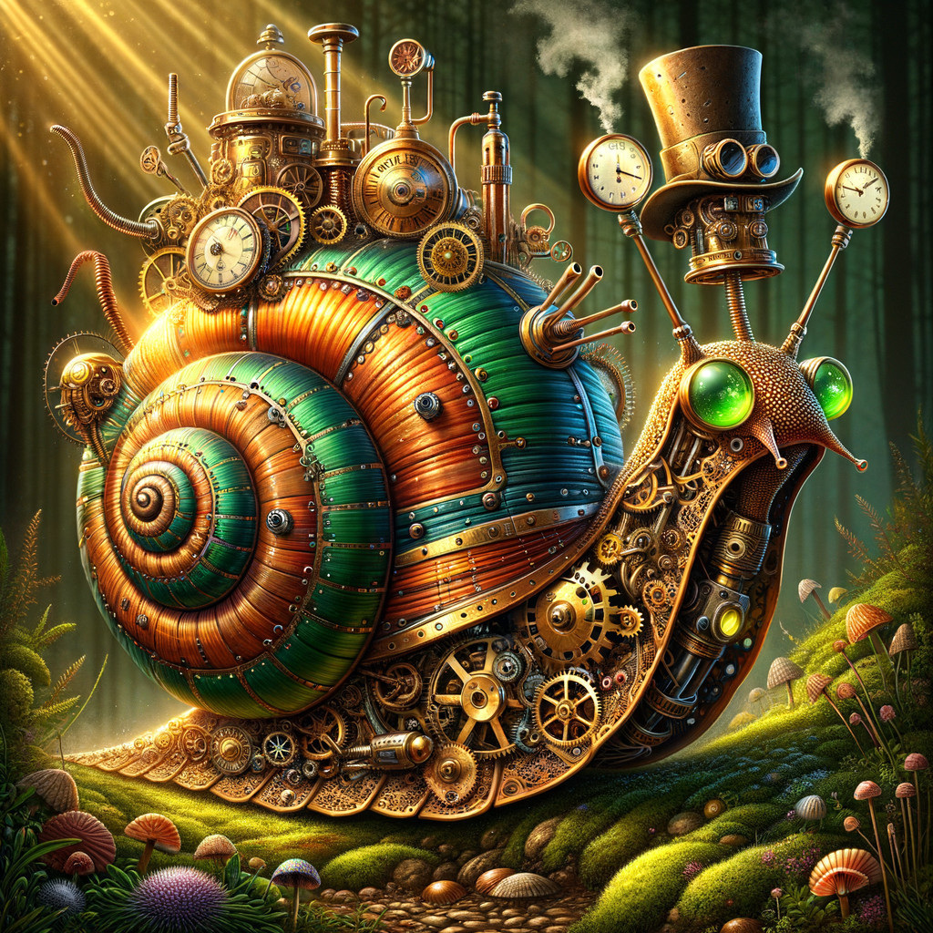 Steampunk Snail in Enchanted Forest Setting