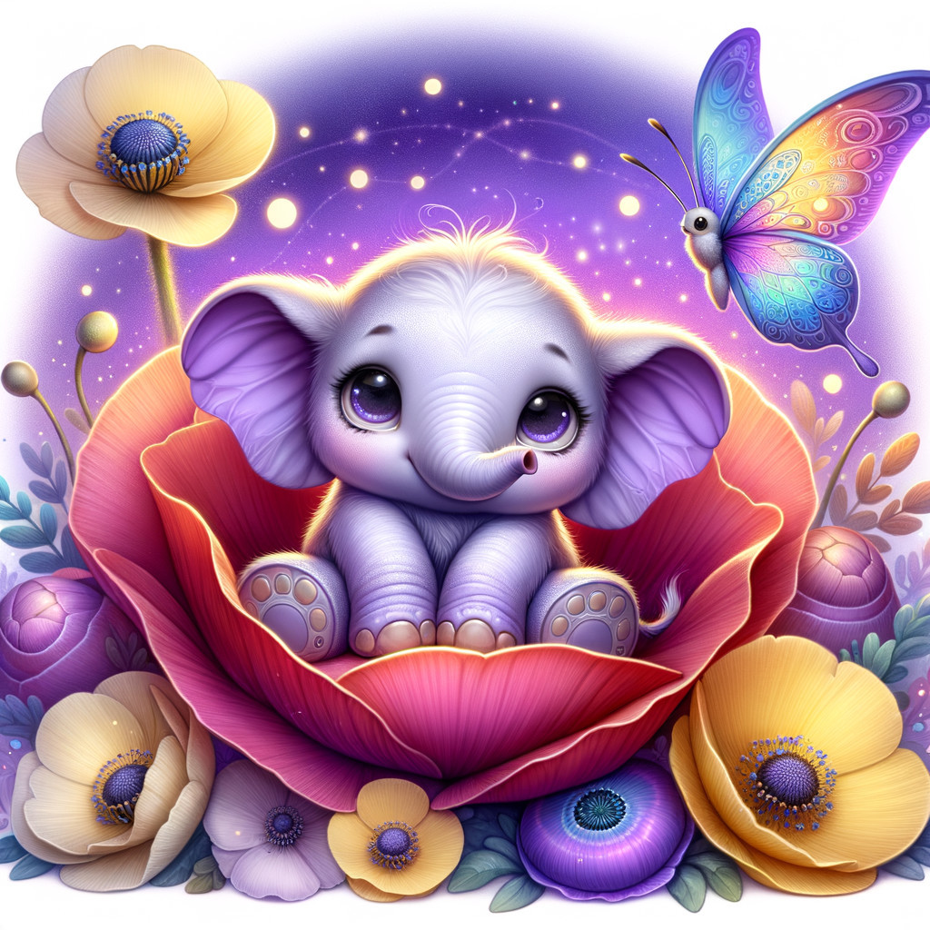 Cartoon Elephant in Colorful Flower with Butterflies