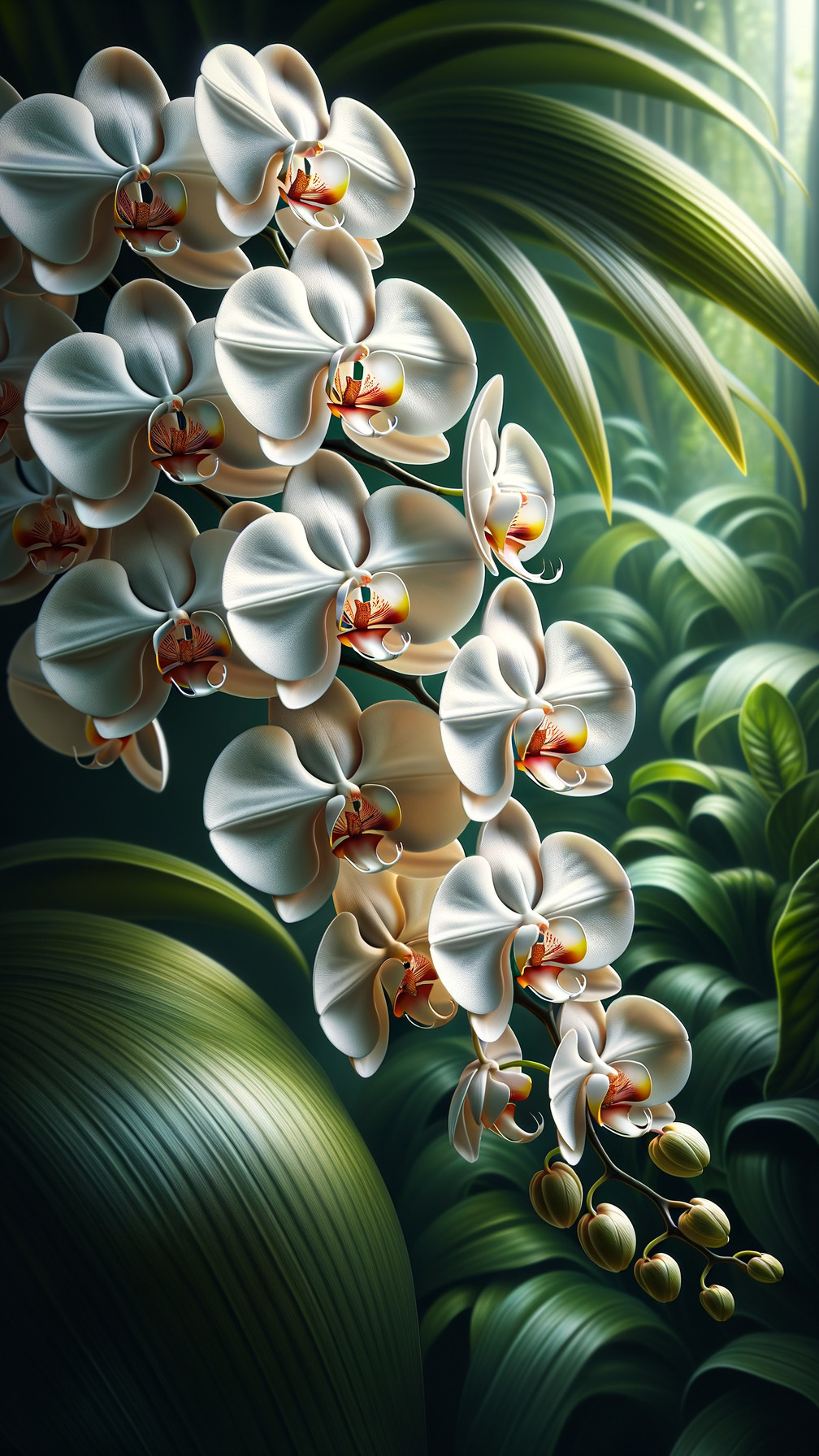 Cascading White Orchids with Lush Green Foliage