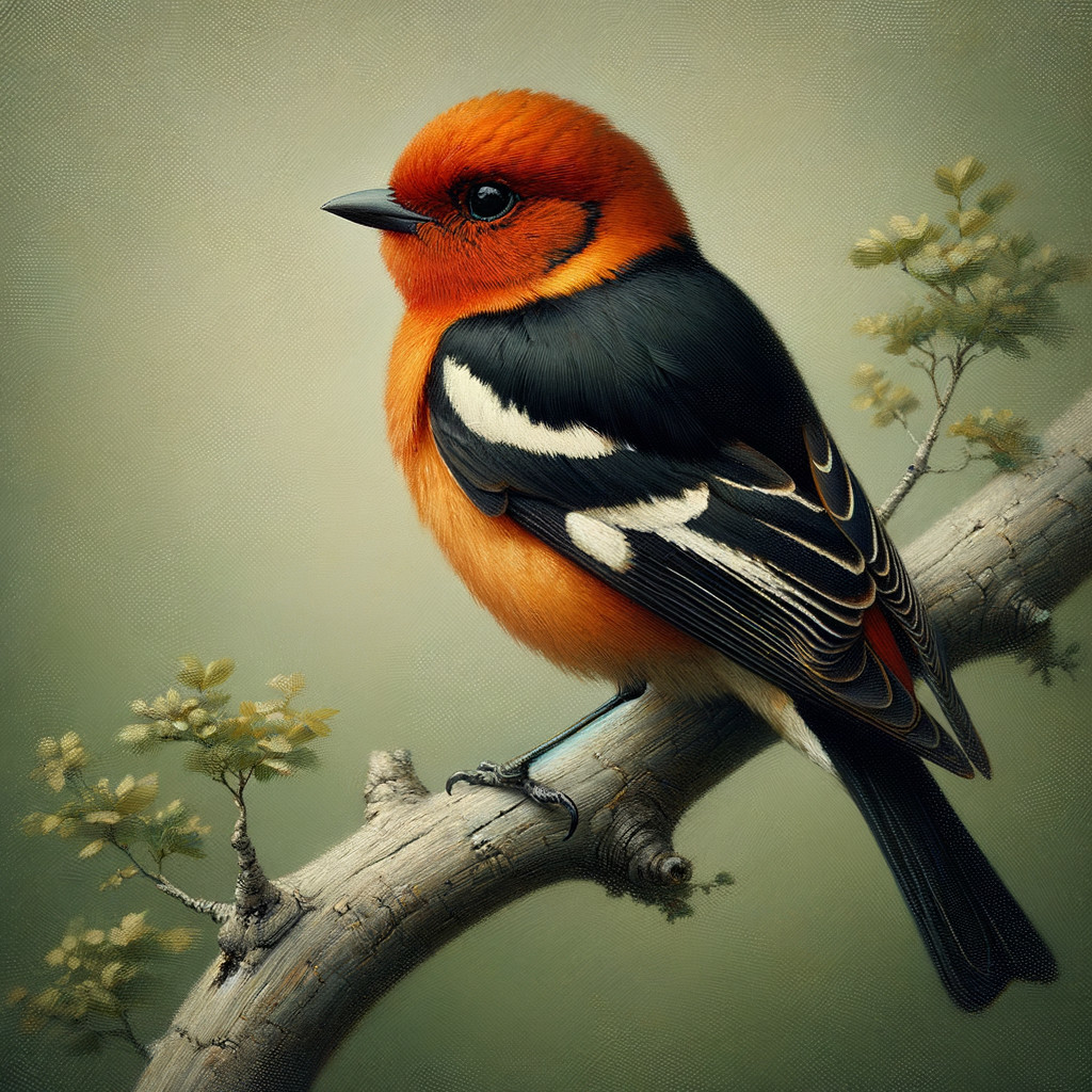 Vibrant bird on weathered branch with orange and black plumage
