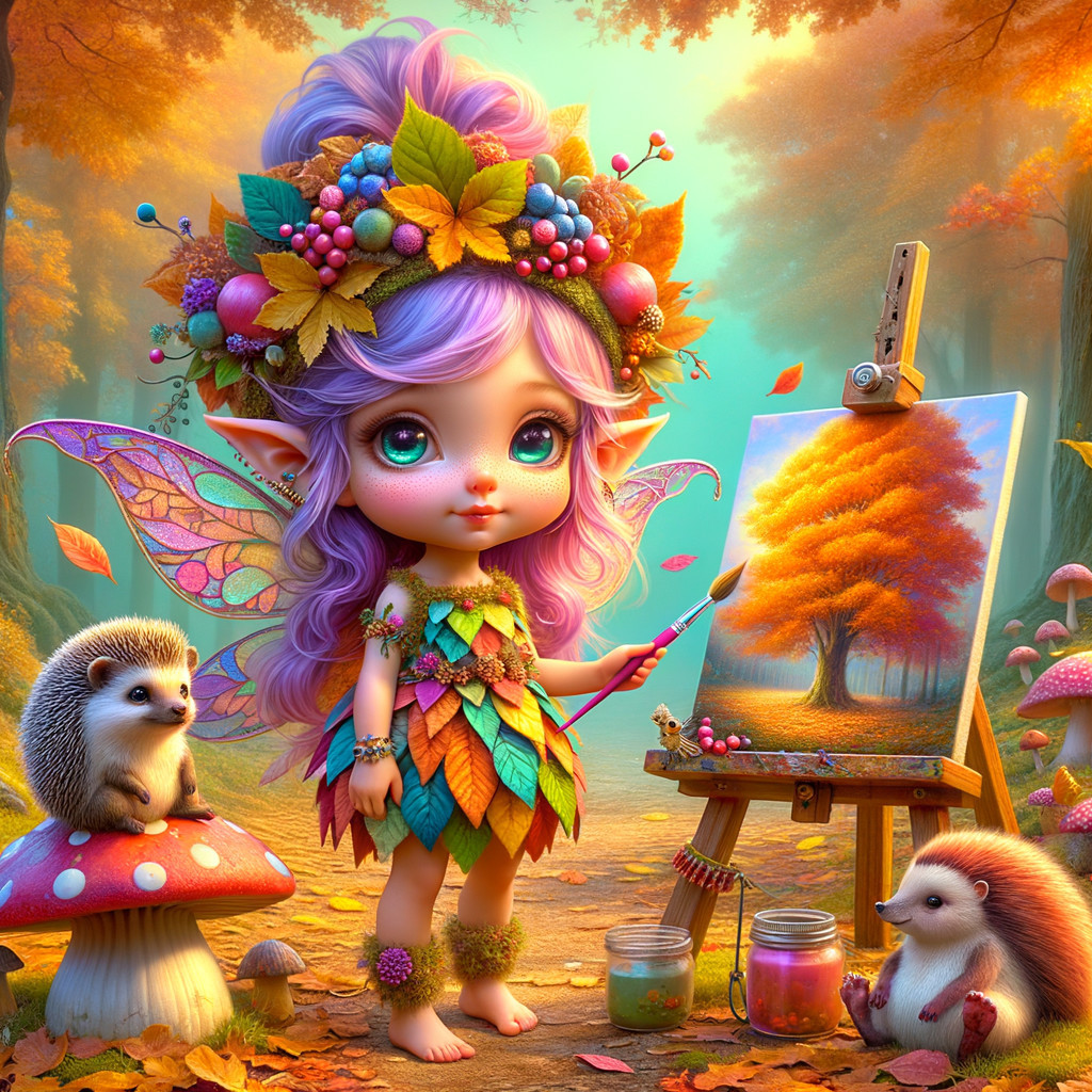 Fairy Painting in an Autumn Forest Setting