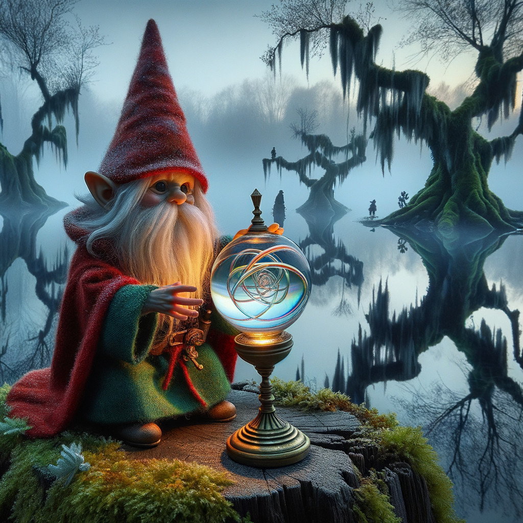 Whimsical Gnome with Crystal Ball in Enchanted Landscape