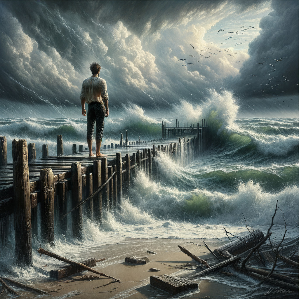 Lone Figure on Weathered Pier Overlooking Stormy Sea