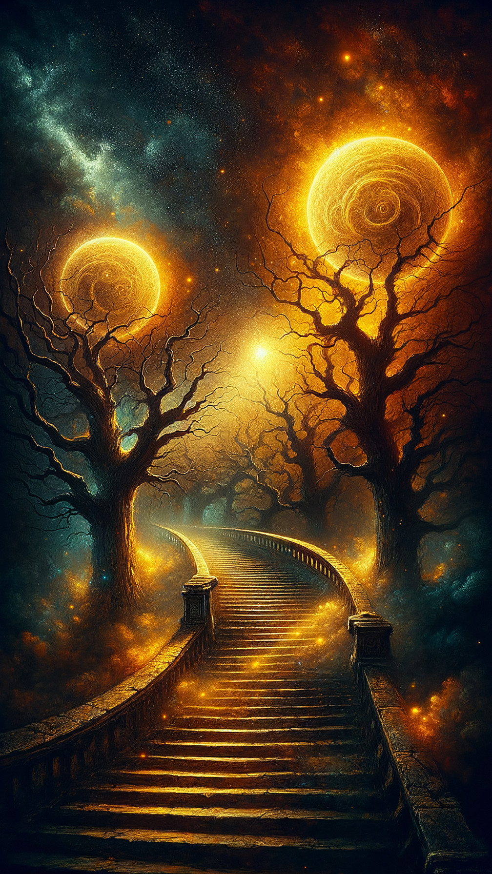 Mystical Landscape with Winding Staircase and Orbs