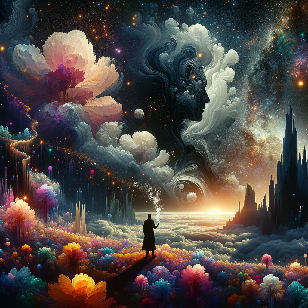 Surreal Cosmic Landscape with Oversized Flowers