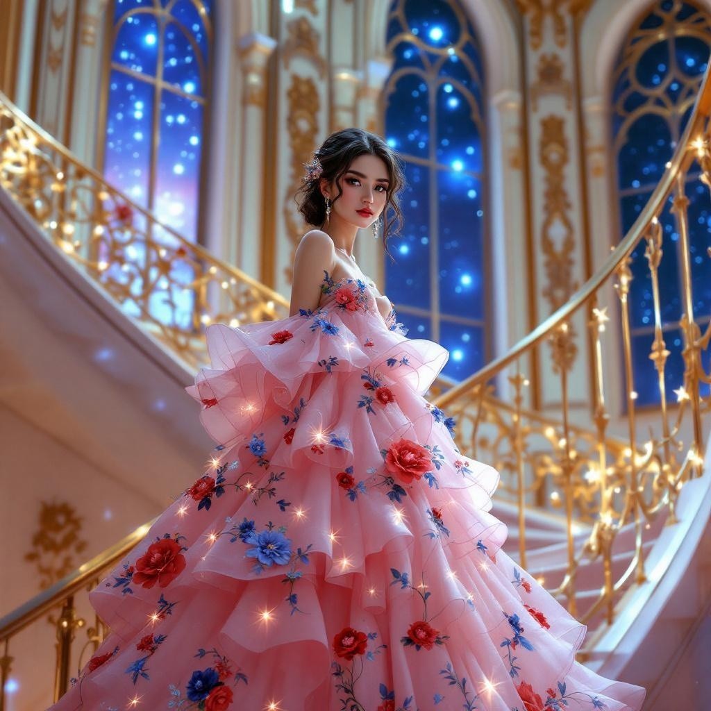 Young woman in pink gown on ornate staircase at night