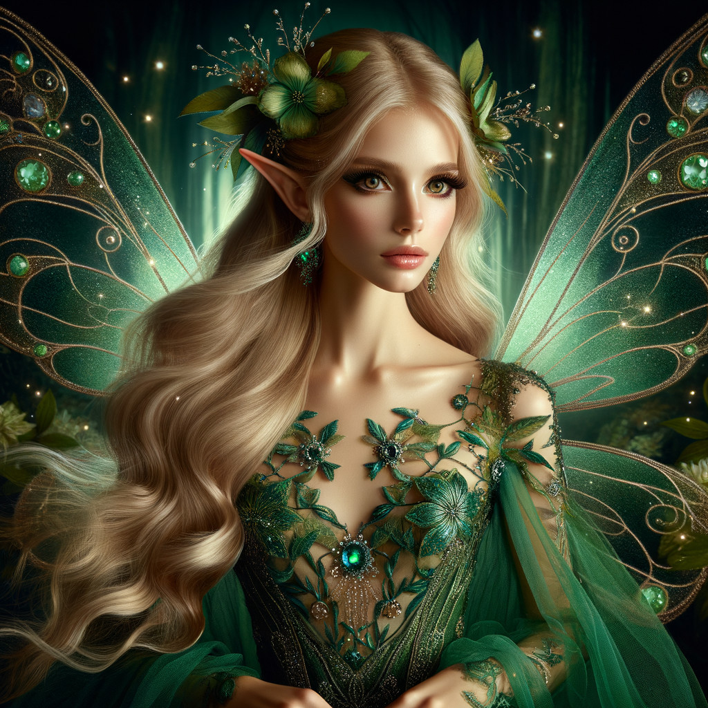 Fairy with Blonde Hair in Emerald Gown and Wings