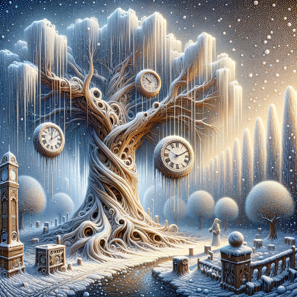 Surreal Scene of Colossal Tree with Clocks in Snow