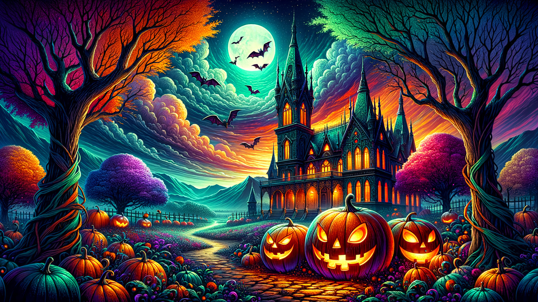Vibrant Halloween Scene with Gothic Castle and Moon