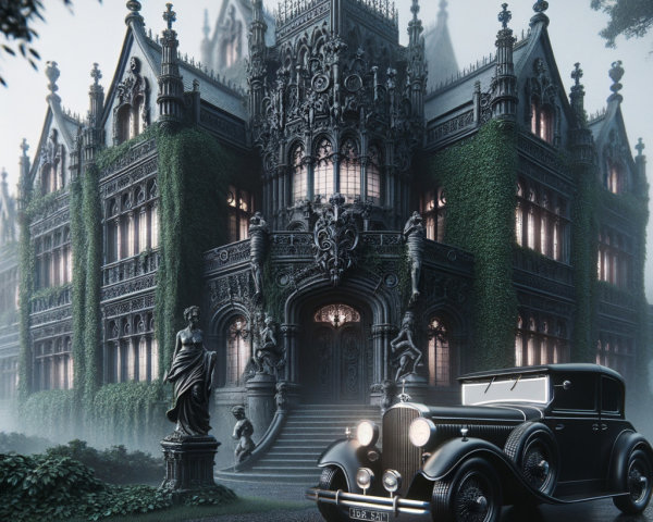 Gothic mansion with mist, ivy, and vintage car details