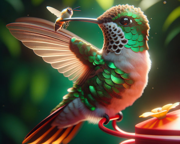 Iridescent Hummingbird Near Bee and Colorful Feeder