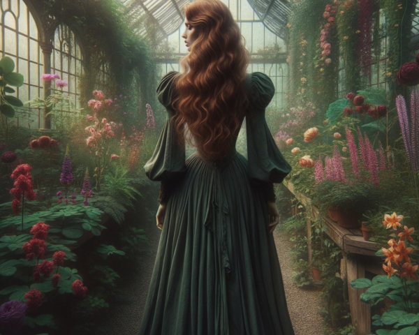 Woman in Green Gown Surrounded by Lush Greenhouse Flora