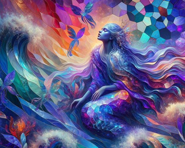 Mystical Figure Surrounded by Vibrant Waves and Butterflies