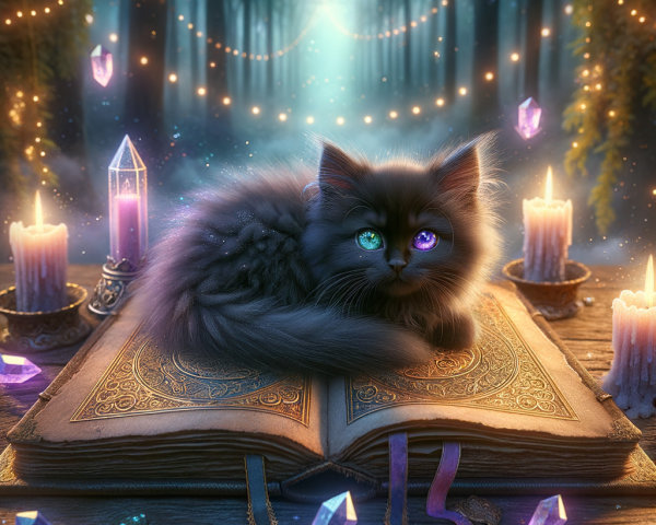 Fluffy Gray Kitten in Mystical Forest Setting