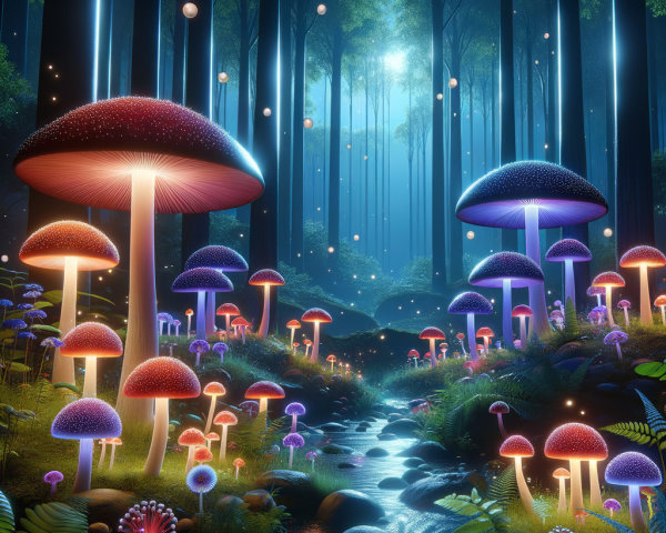 Vibrant Forest Scene with Colorful Glowing Mushrooms