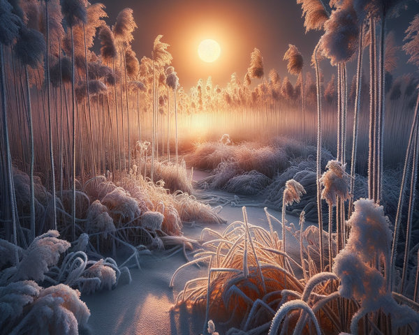 Dreamlike Winter Landscape with Frosted Reeds and Sun
