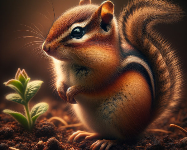 Vibrant Chipmunk in Brown Soil with Green Plant