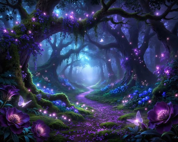 Magical Fantasy Forest with Glowing Flora at Night