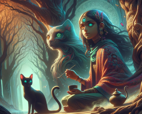 Young girl in mystical forest with cats and butterflies