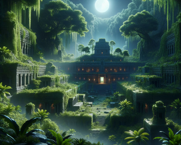Ancient Temple Surrounded by Lush Jungle and Mist