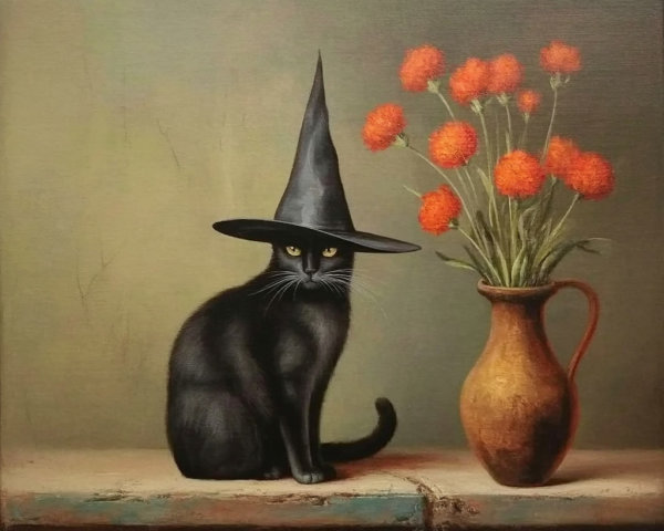 Black Cat in Witch Hat with Flowers and Rustic Jug