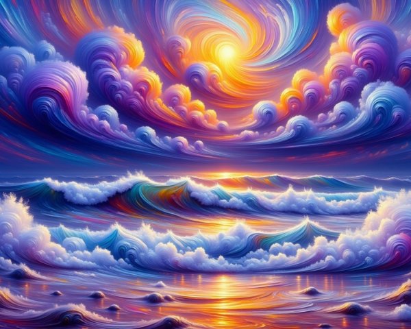 Vibrant Seascape with Colorful Clouds and Waves