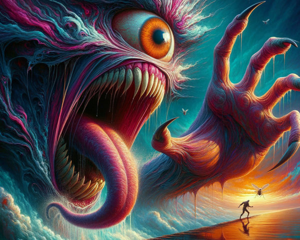 Surreal Scene of a Colossal Creature at Sunset Shore
