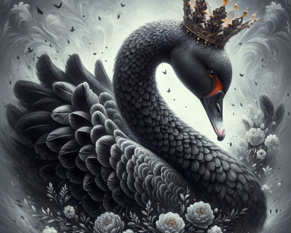 Black Swan with Golden Crown Surrounded by Flowers