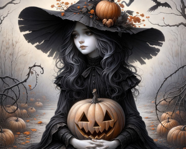 Ethereal Halloween Scene with Girl and Pumpkins