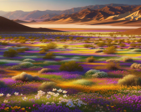 Vibrant Desert Landscape with Wildflowers at Sunset