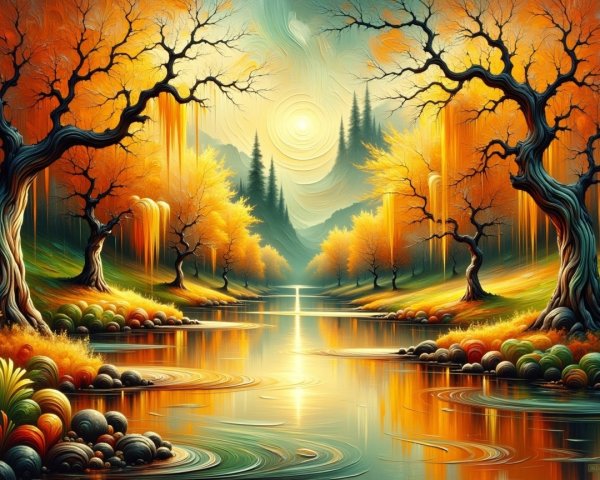 Tranquil Autumn Landscape with River and Bare Trees