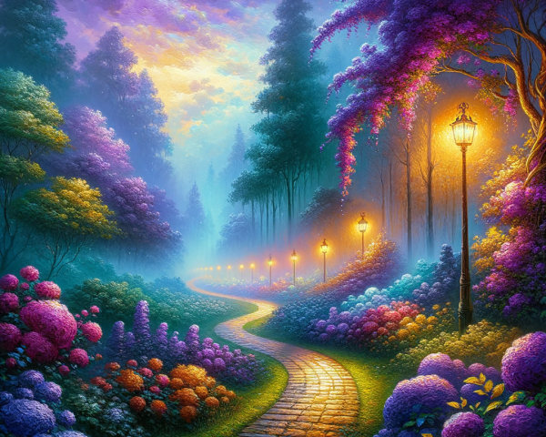 Enchanting Forest Pathway with Lush Flowers and Twilight