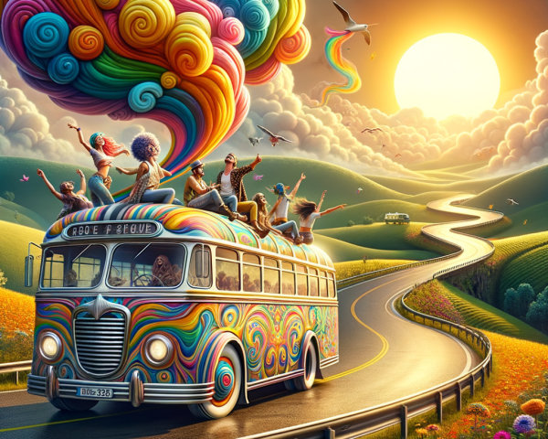 Retro Bus with Rainbow Patterns on Winding Road