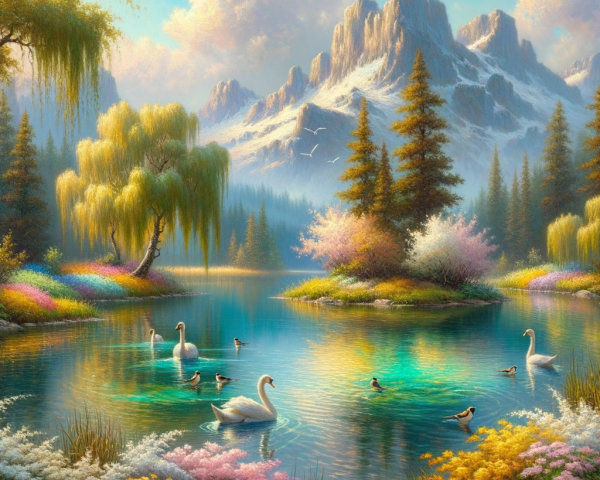 Serene Mountain Landscape with Lake and Vibrant Flora
