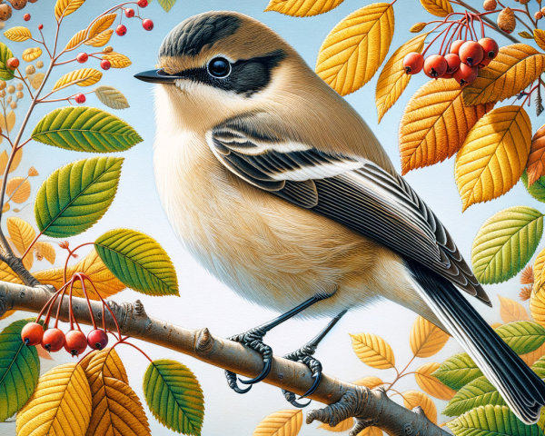Illustration of a bird on a branch with autumn leaves