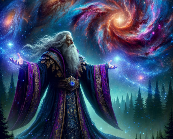Cosmic Artwork of a Wizard with Galaxies and Forest