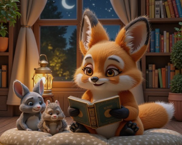 Cozy Room with Fox, Rabbit, and Hedgehog Reading