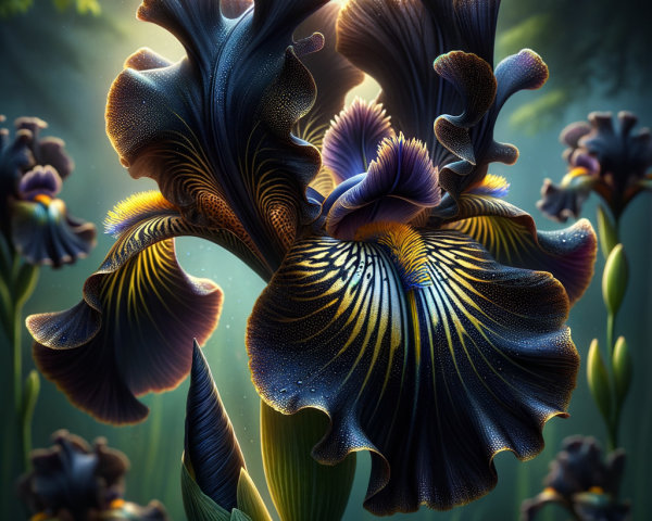 Majestic Iris Flower in Sun-Dappled Forest Setting