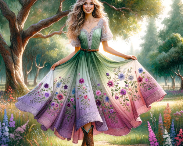 Young Woman in Floral Dress in Sunlit Meadow