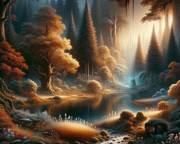 Serene Autumn Forest Landscape with Tranquil Lake