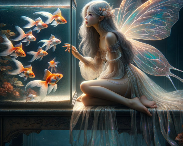 Fairy with Shimmering Wings Beside Glass Fish Tank