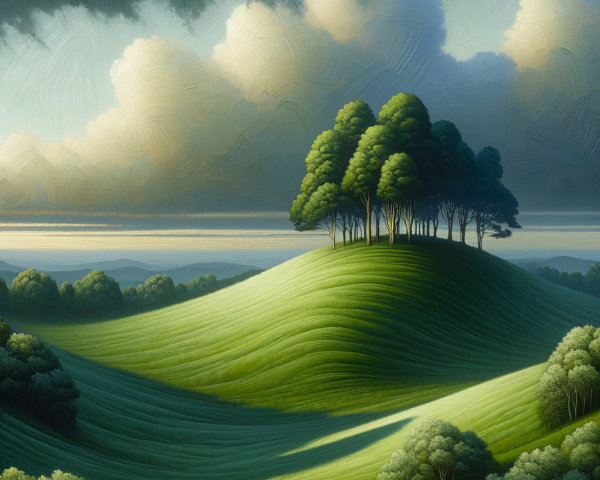 Serene Landscape of Rolling Hills and Lush Trees