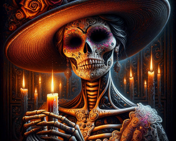 Intricate Skeleton Design with Floral Hat and Candle