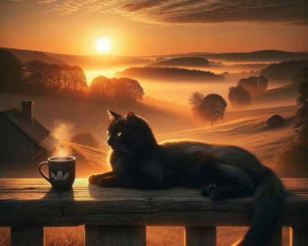 Serene Sunset Over Hills with Cat and Steaming Mug