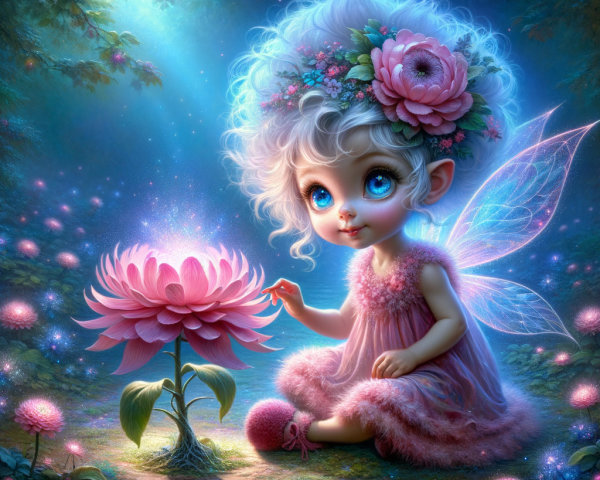 Whimsical Fairy Child Surrounded by Glowing Blooms