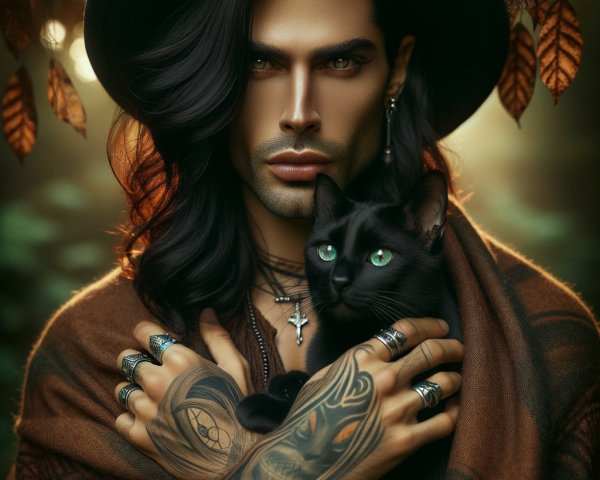 Mystical Autumn Scene with Man and Black Cat